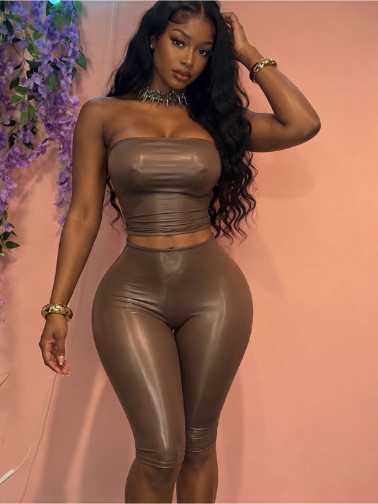 Other - Women's Two-Piece Strapless Crop Top & Biker Shorts Set — Brown